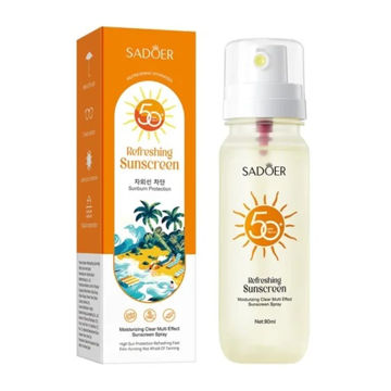 اسپری ضد آفتاب بدون رنگ صورت و بدن سادور SPF 50 مدل Refreshing محافظ UVA ، UVB و PA مناسب برای انواع پوست حجم 90 میلی لیتر