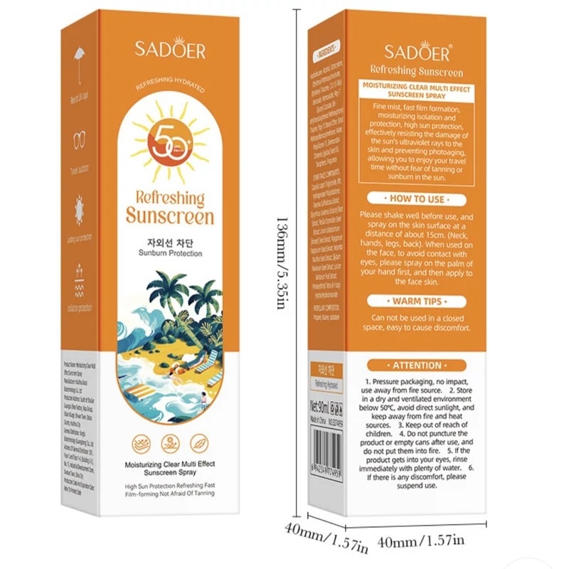 اسپری ضد آفتاب بدون رنگ صورت و بدن سادور SPF 50 مدل Refreshing محافظ UVA ، UVB و PA مناسب برای انواع پوست حجم 90 میلی لیتر