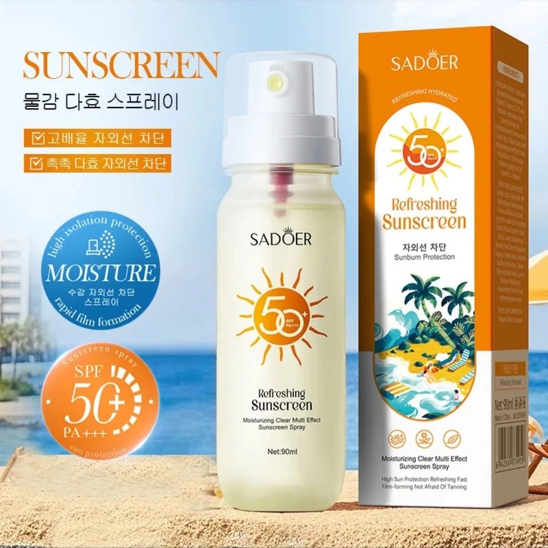 اسپری ضد آفتاب بدون رنگ صورت و بدن سادور SPF 50 مدل Refreshing محافظ UVA ، UVB و PA مناسب برای انواع پوست حجم 90 میلی لیتر